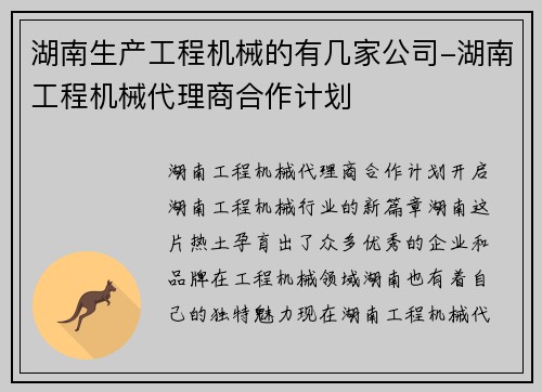 湖南生产工程机械的有几家公司-湖南工程机械代理商合作计划